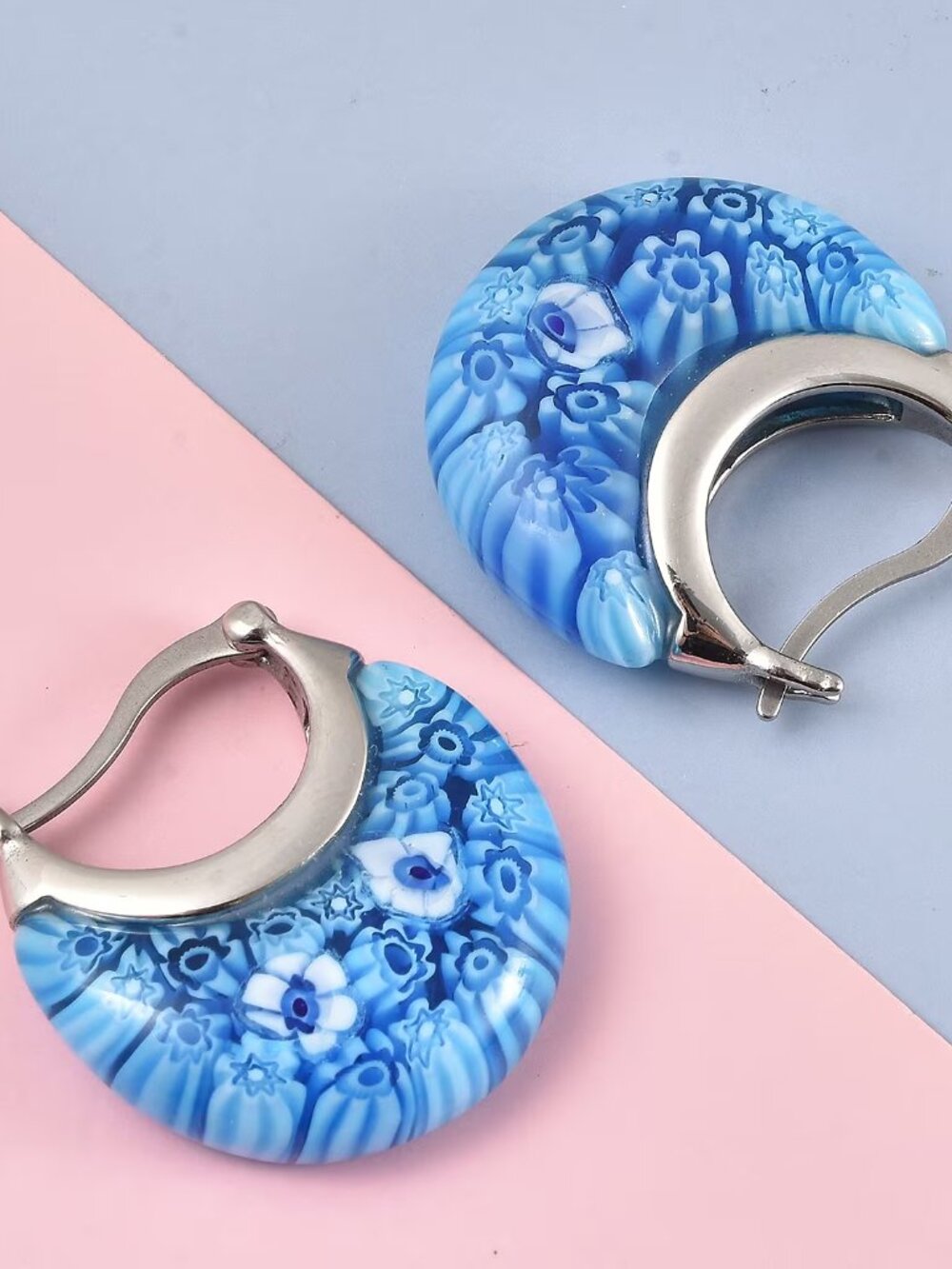 Blue Murano Style Crescent Moon Earrings in Stainless Steel - NEW